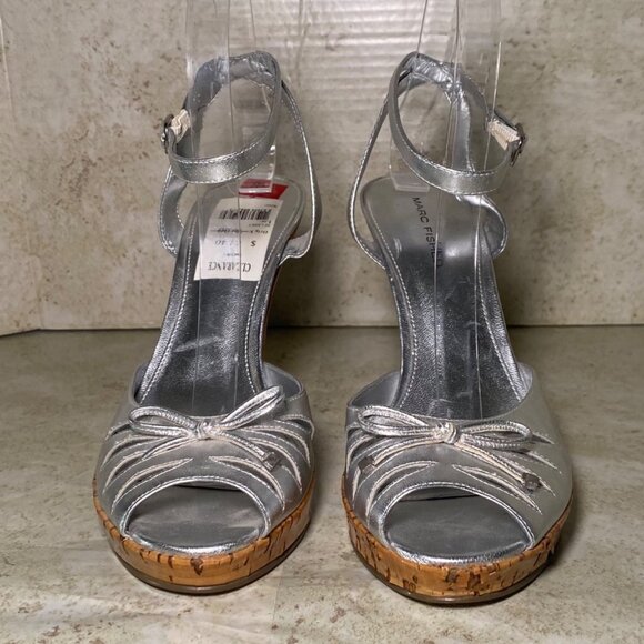 Marc Fisher Silver Metallic Strappy Heels Cork Like Heel Adjustable Glam Party - Picture 3 of 9